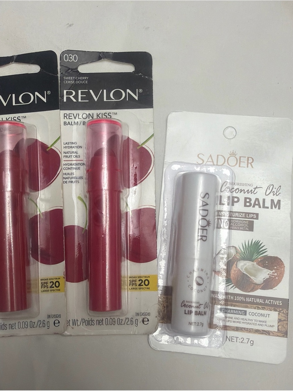 Lot of 2 Revlon Kiss Lip Balm SPF20 #030 Sweet Cherry & #010  1 Tropical Coconut